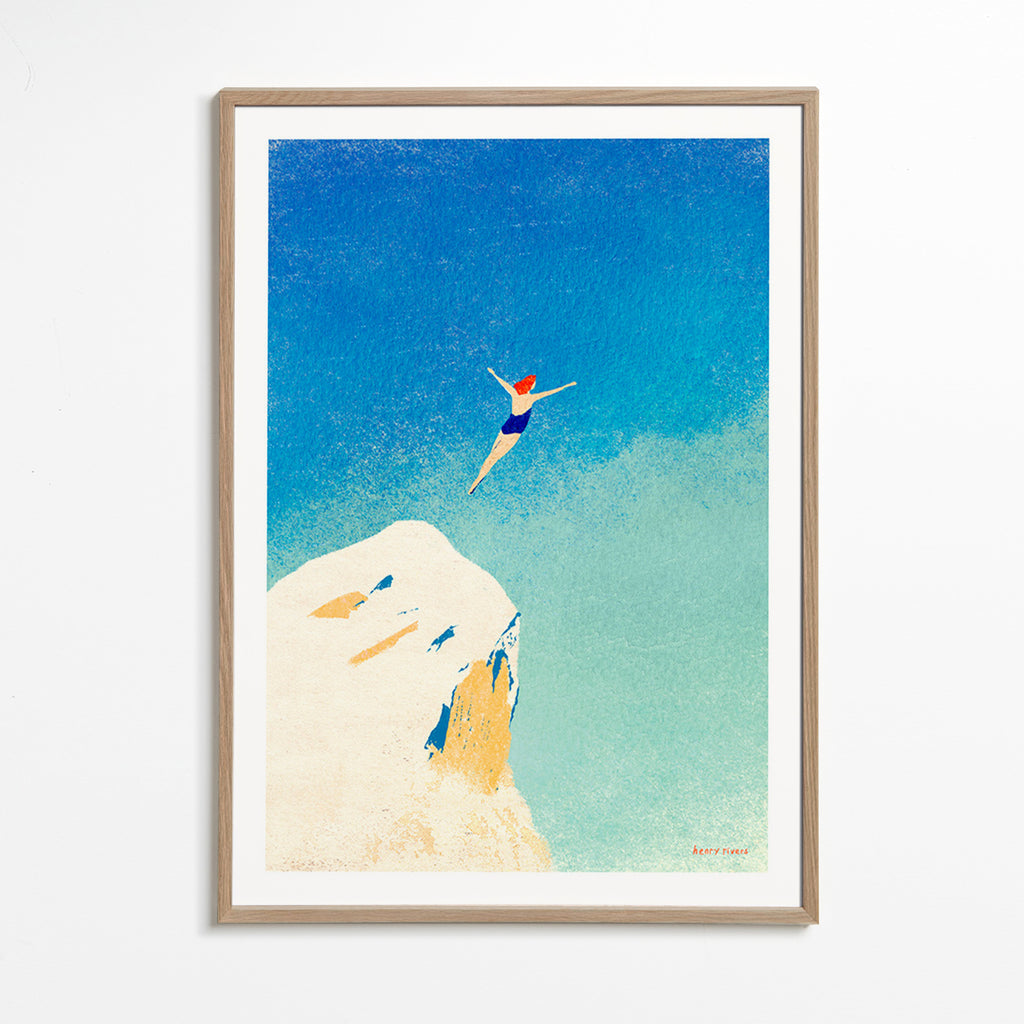 Illustration: Klippensprung vor weitem blauem Himmel – Oak Frame