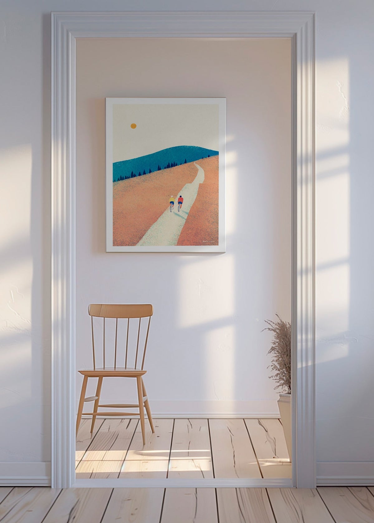 Küchenkunst mit zwei Radfahrern auf sonnigem Weg – Canvas