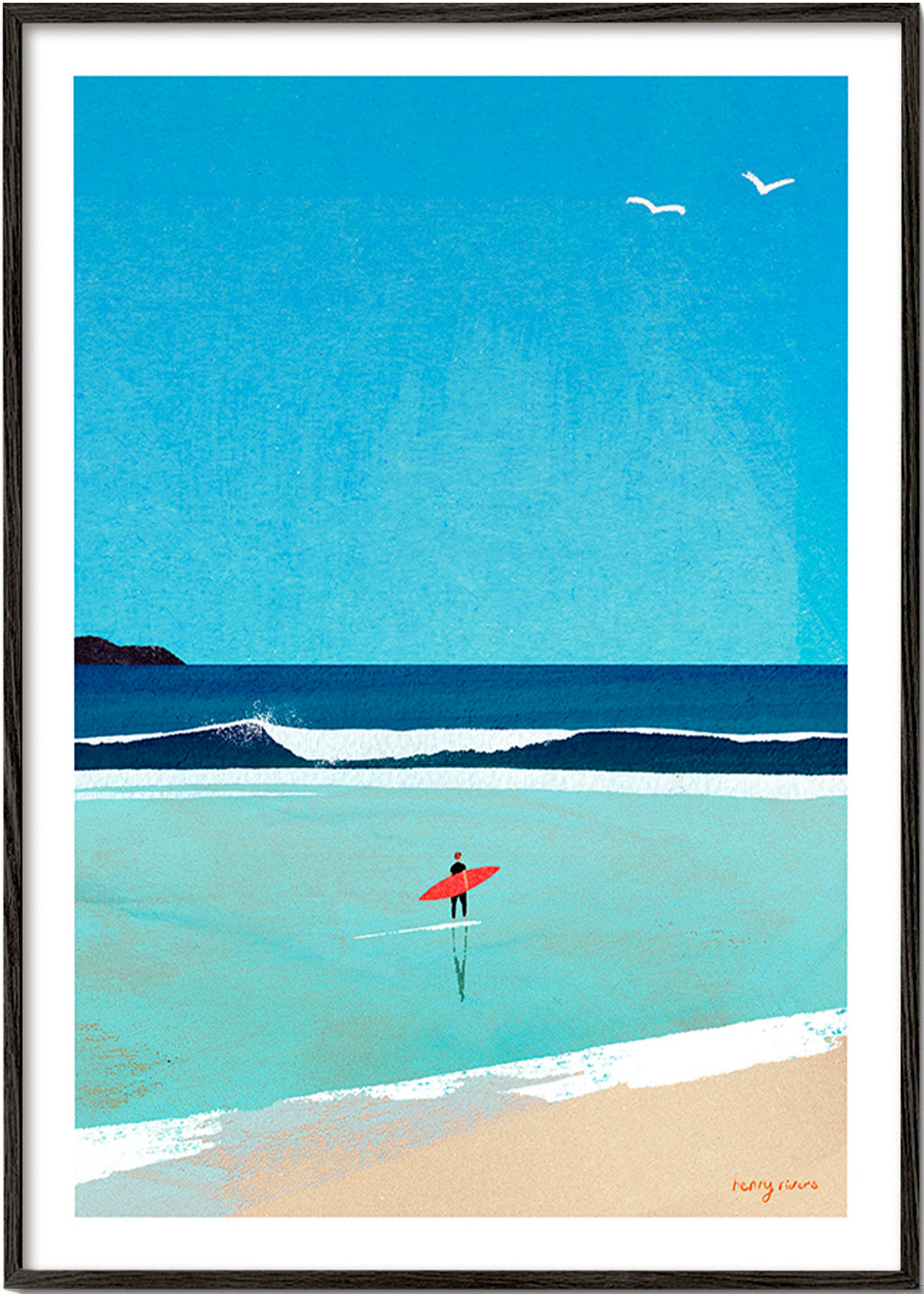 Sportkunst: Surfer am Ufer – Black Frame