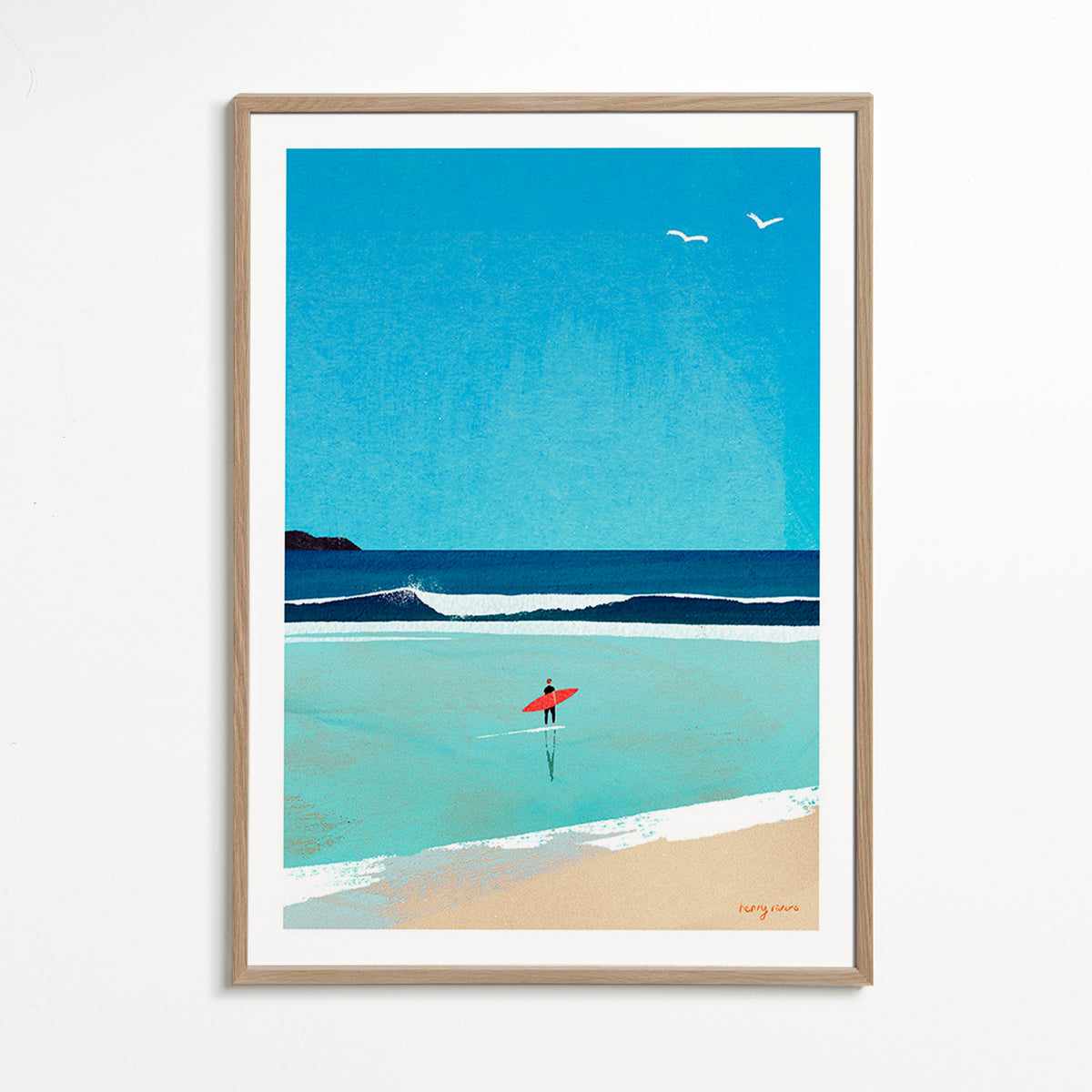 Sportkunst: Surfer am Ufer – Oak Frame