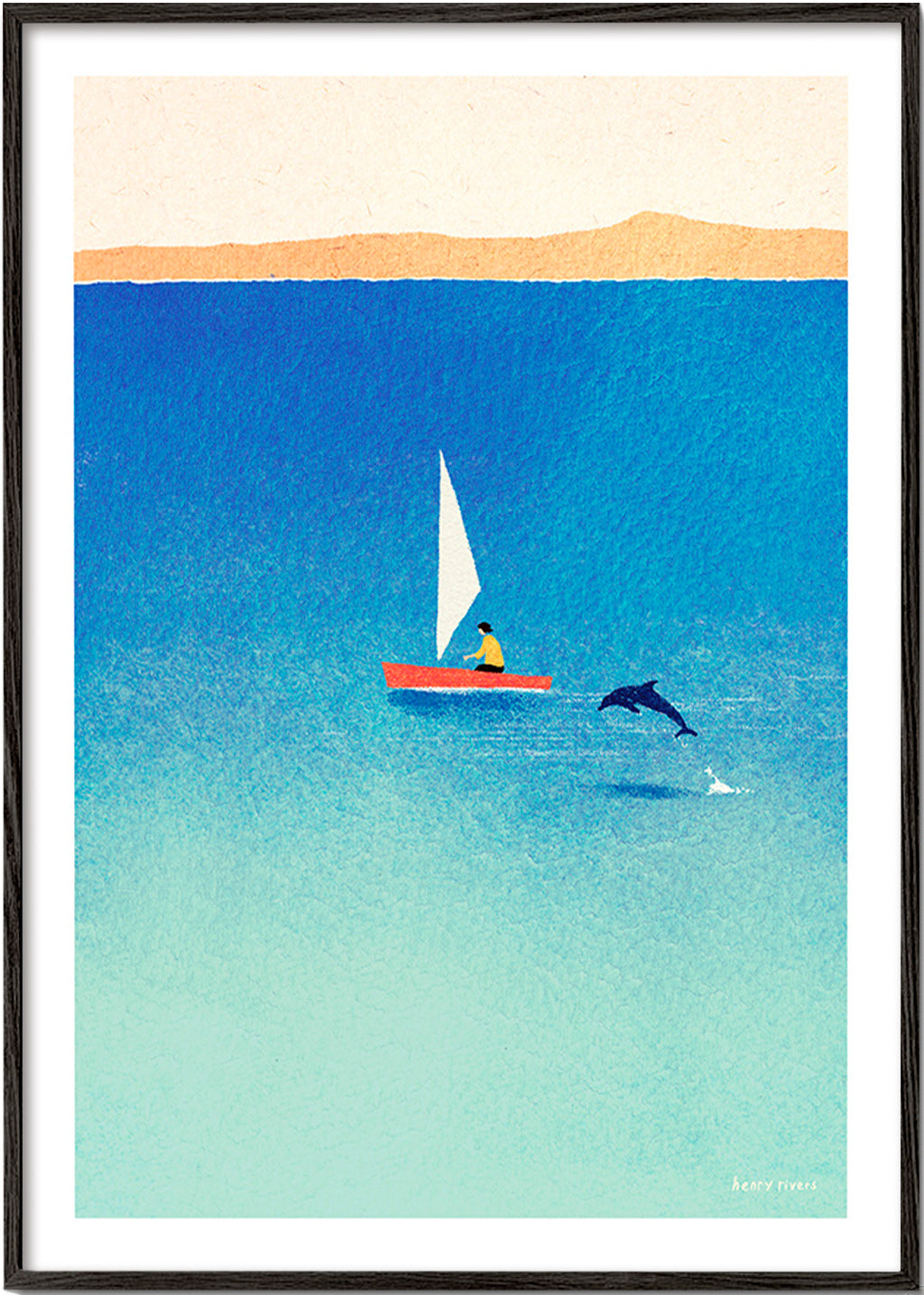 Kunstwerk mit Delfin und Segelboot im blauen Meer – Black Frame