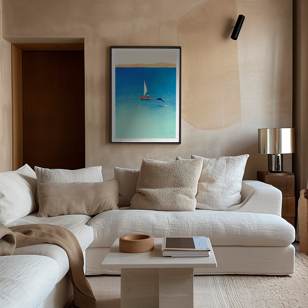 Kunstwerk mit Delfin und Segelboot im blauen Meer – Canvas1