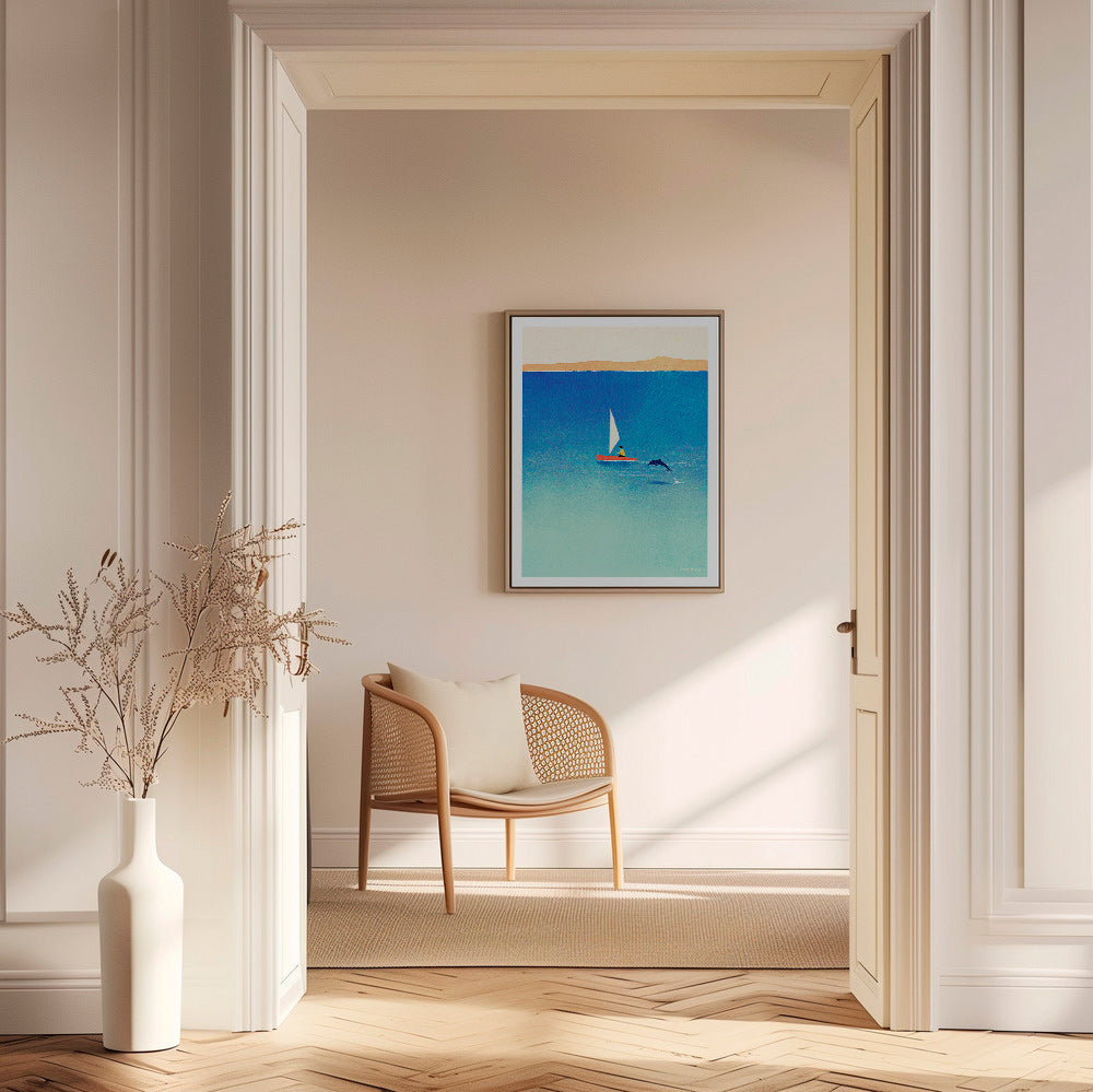 Kunstwerk mit Delfin und Segelboot im blauen Meer – Canvas2