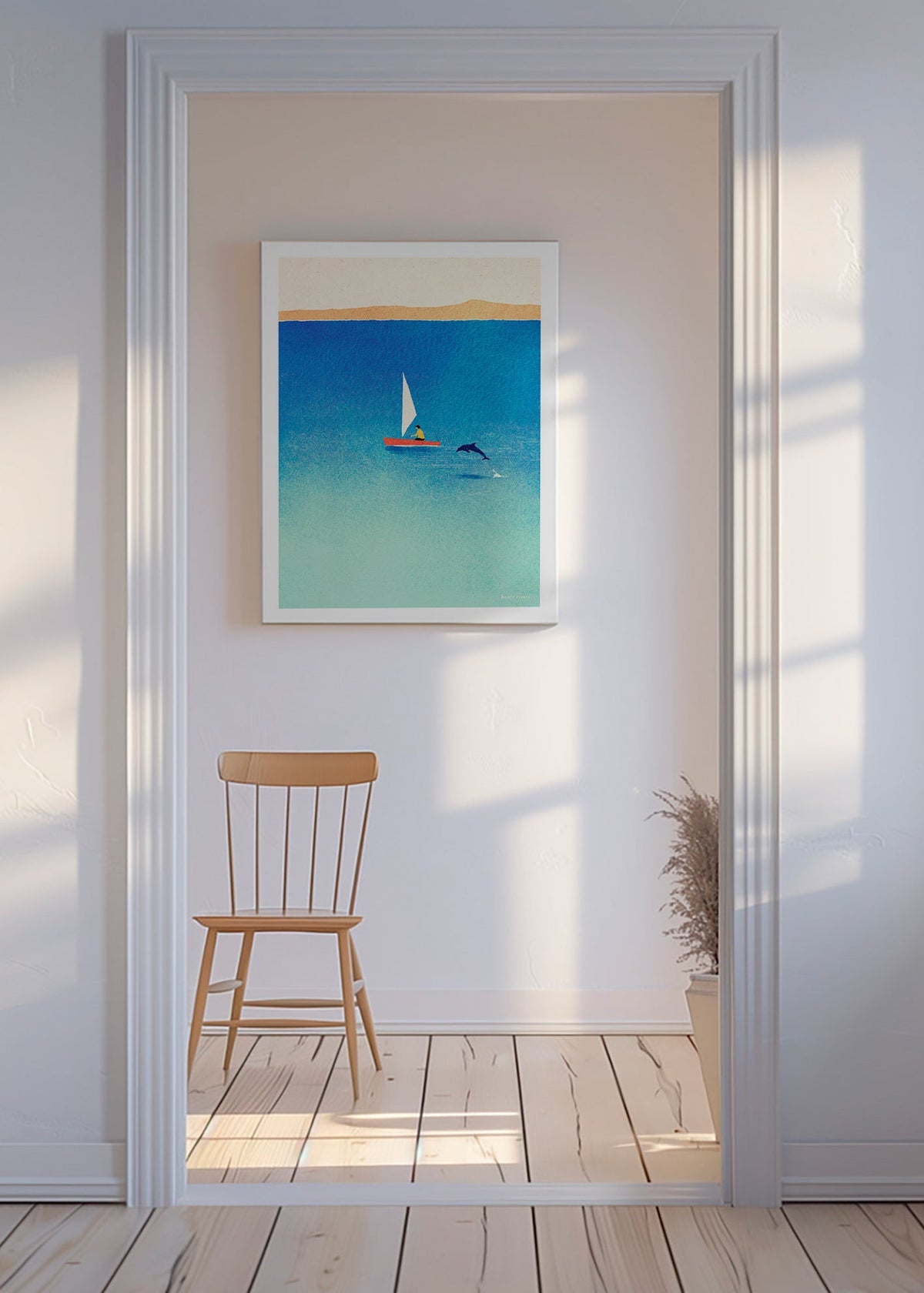 Kunstwerk mit Delfin und Segelboot im blauen Meer – Canvas