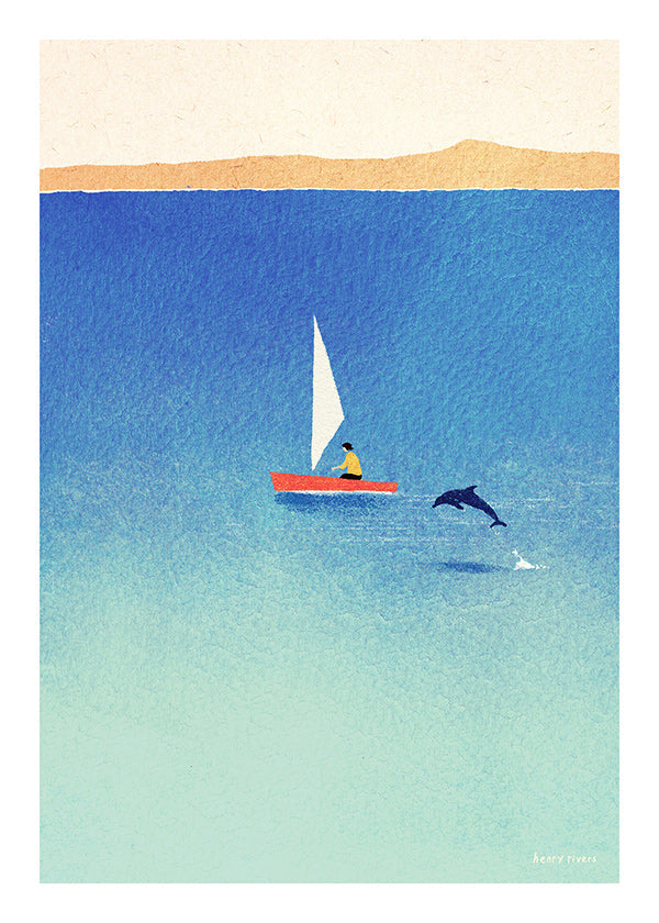 Kunstwerk mit Delfin und Segelboot im blauen Meer