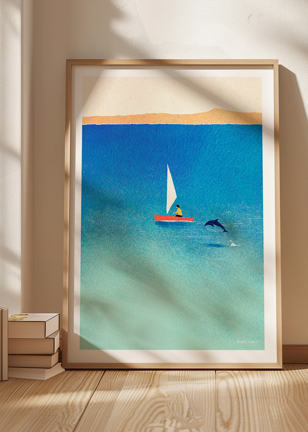 Kunstwerk mit Delfin und Segelboot im blauen Meer – Product1