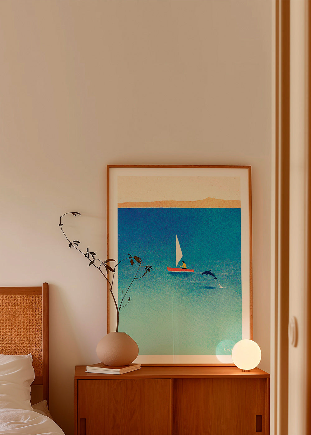 Kunstwerk mit Delfin und Segelboot im blauen Meer – Product3