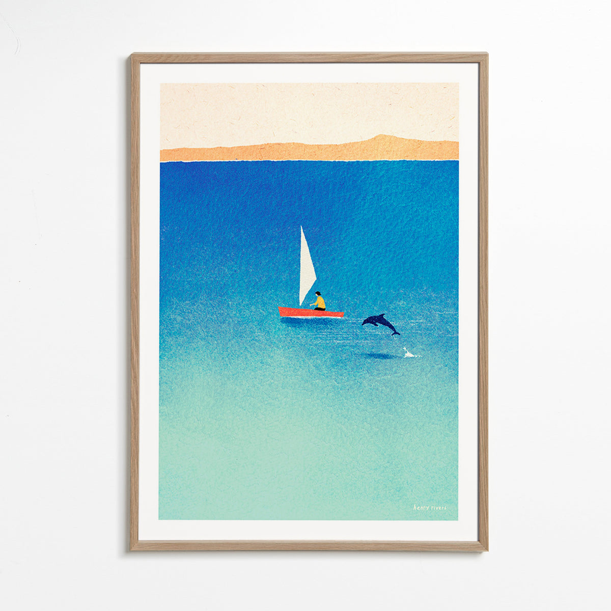 Kunstwerk mit Delfin und Segelboot im blauen Meer – Oak Frame