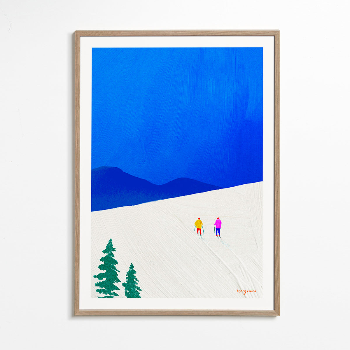 Sportkunst: Skifahrer auf verschneiter Piste – Oak Frame