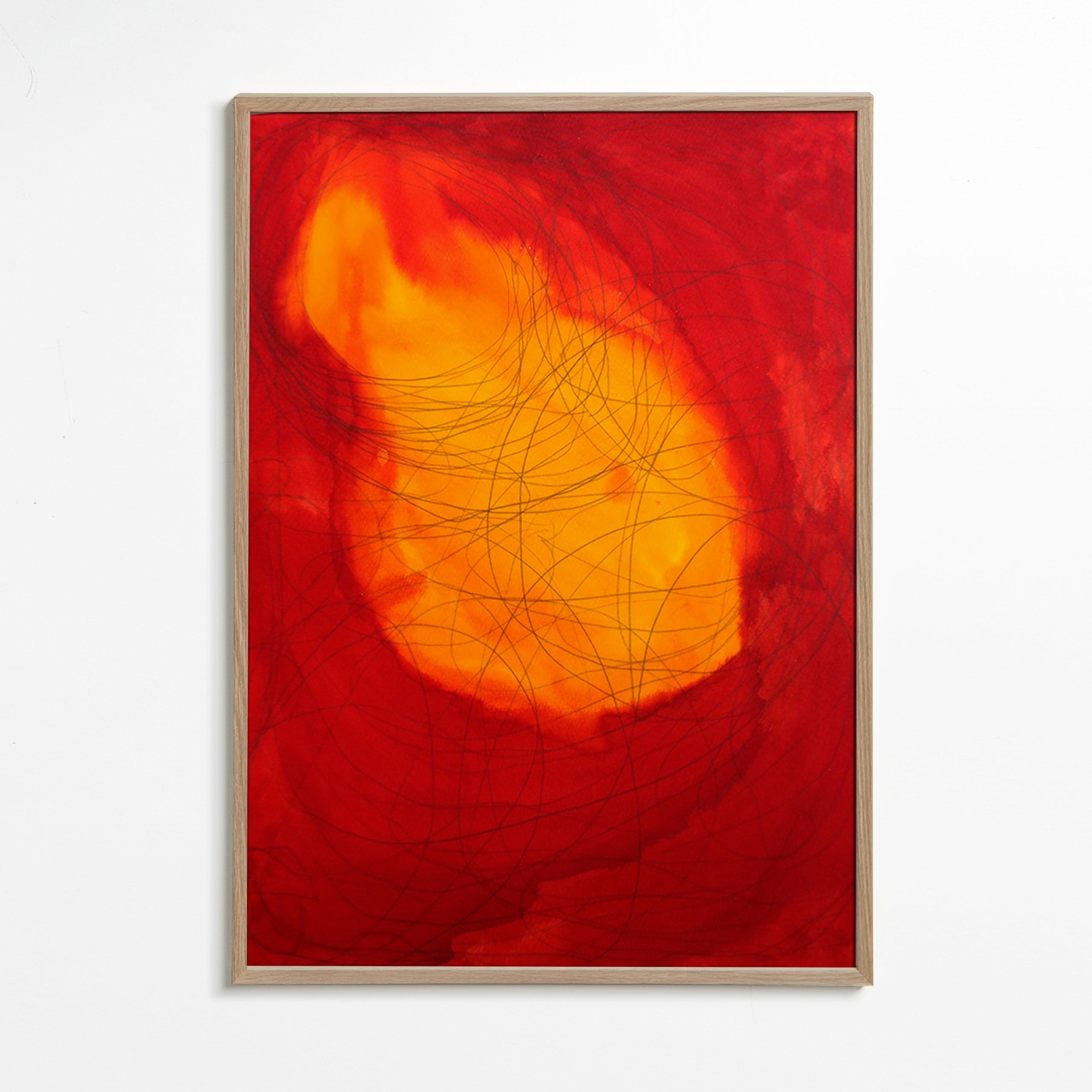 Abstraktes Bild in Rot und Gelb – Oak Frame