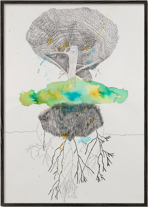 Botanischer Druck Baum und Wurzeln in Tinte und Aquarell – Black Frame