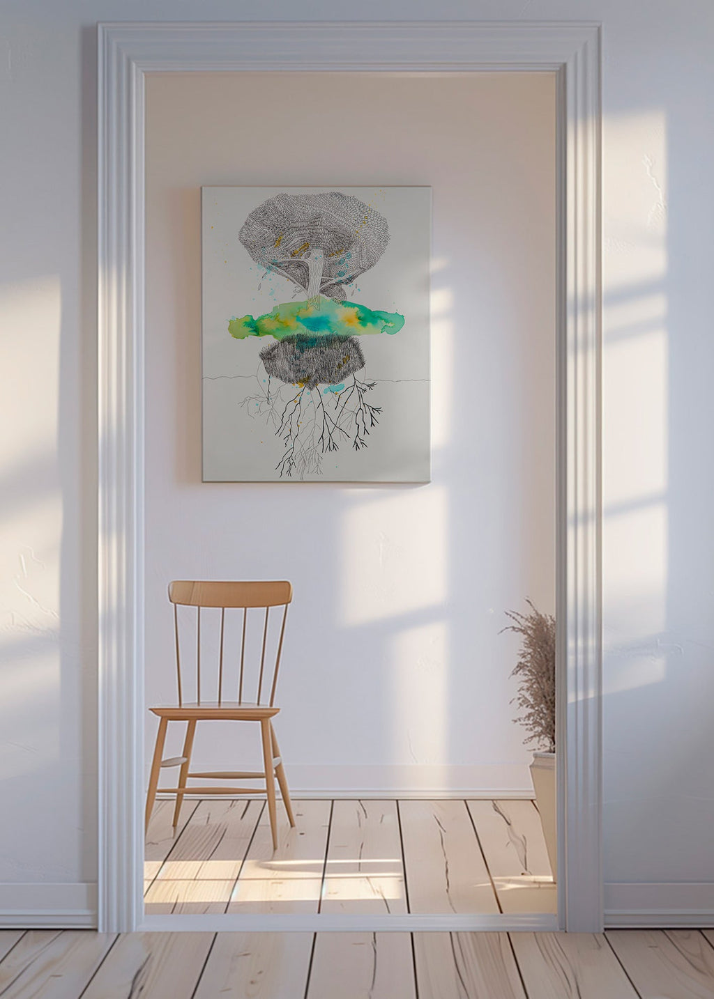 Botanischer Druck Baum und Wurzeln in Tinte und Aquarell – Canvas