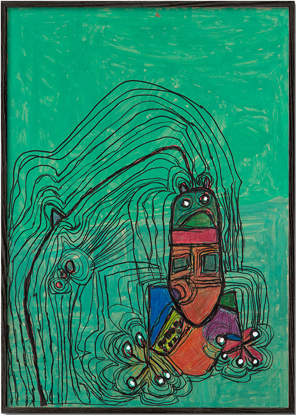 Verspielte Illustration mit Figur vor grünem Hintergrund – Black Frame