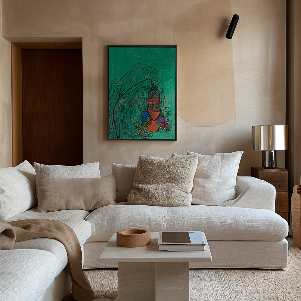 Verspielte Illustration mit Figur vor grünem Hintergrund – Canvas1