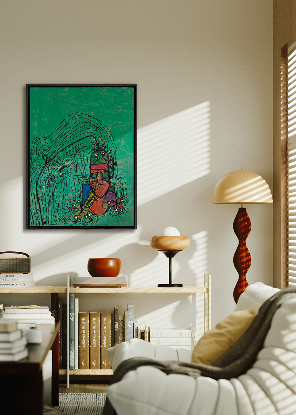 Verspielte Illustration mit Figur vor grünem Hintergrund – Canvas2