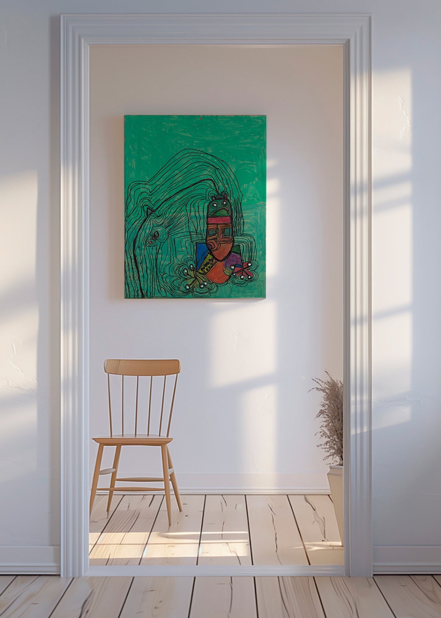 Verspielte Illustration mit Figur vor grünem Hintergrund – Canvas