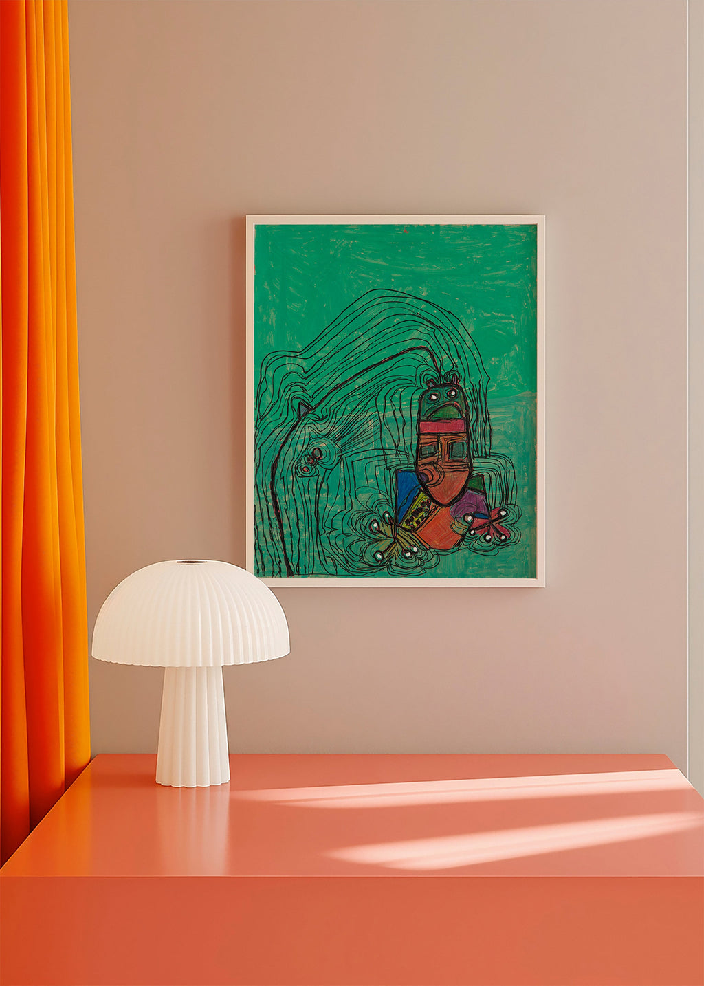 Verspielte Illustration mit Figur vor grünem Hintergrund – Product1