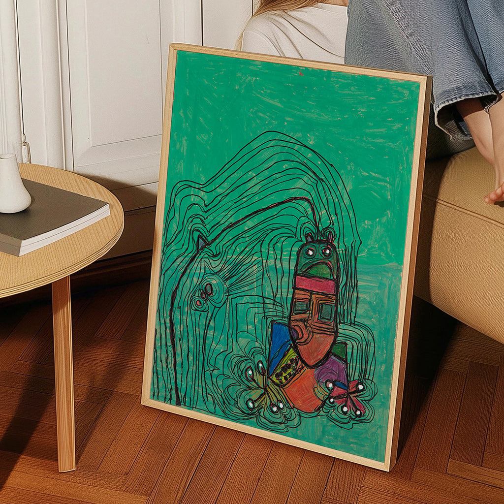 Verspielte Illustration mit Figur vor grünem Hintergrund – Product3
