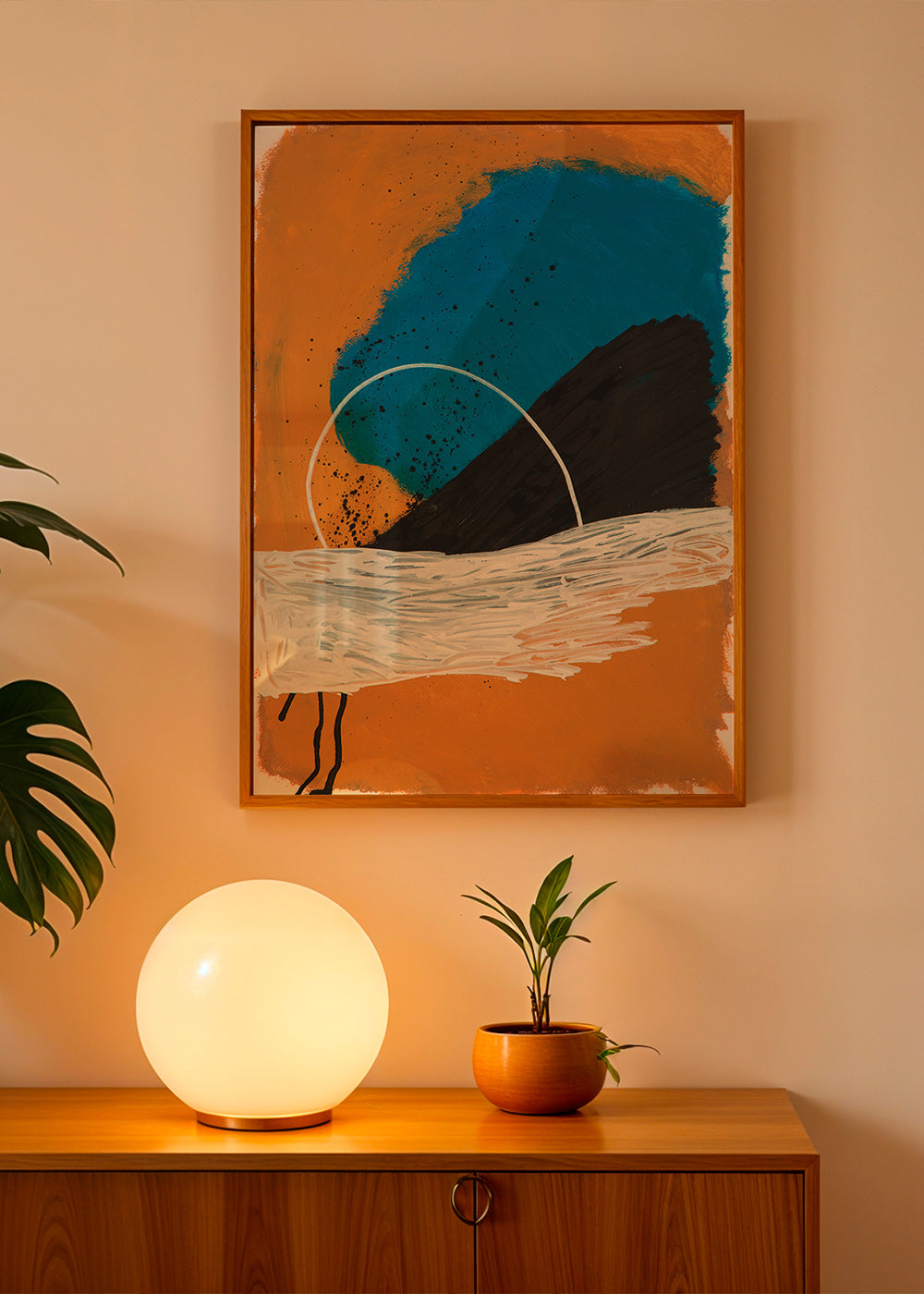 Abstraktes Bild Bogen an Küste in Ocker und Blau – Product1