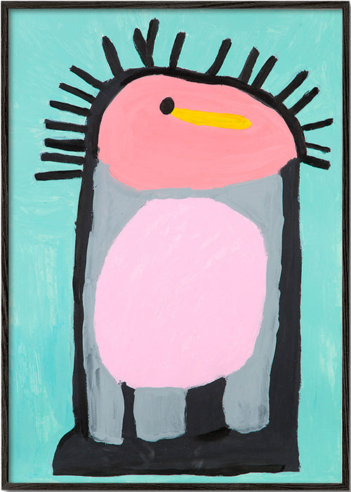Kinderbild fröhlicher rosa Pinguin – Black Frame