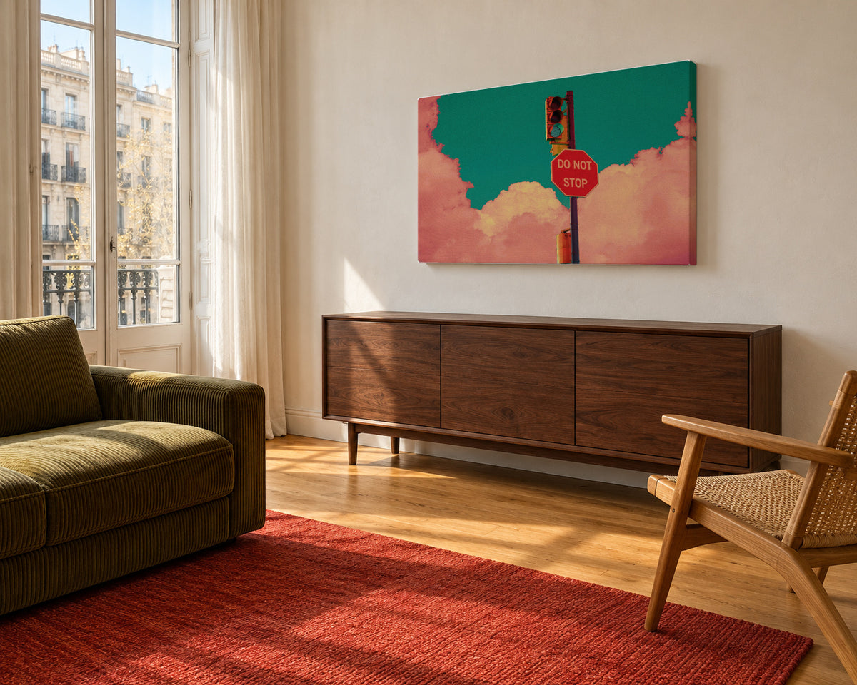 DO NOT STOP - Unframed canvas in an interior