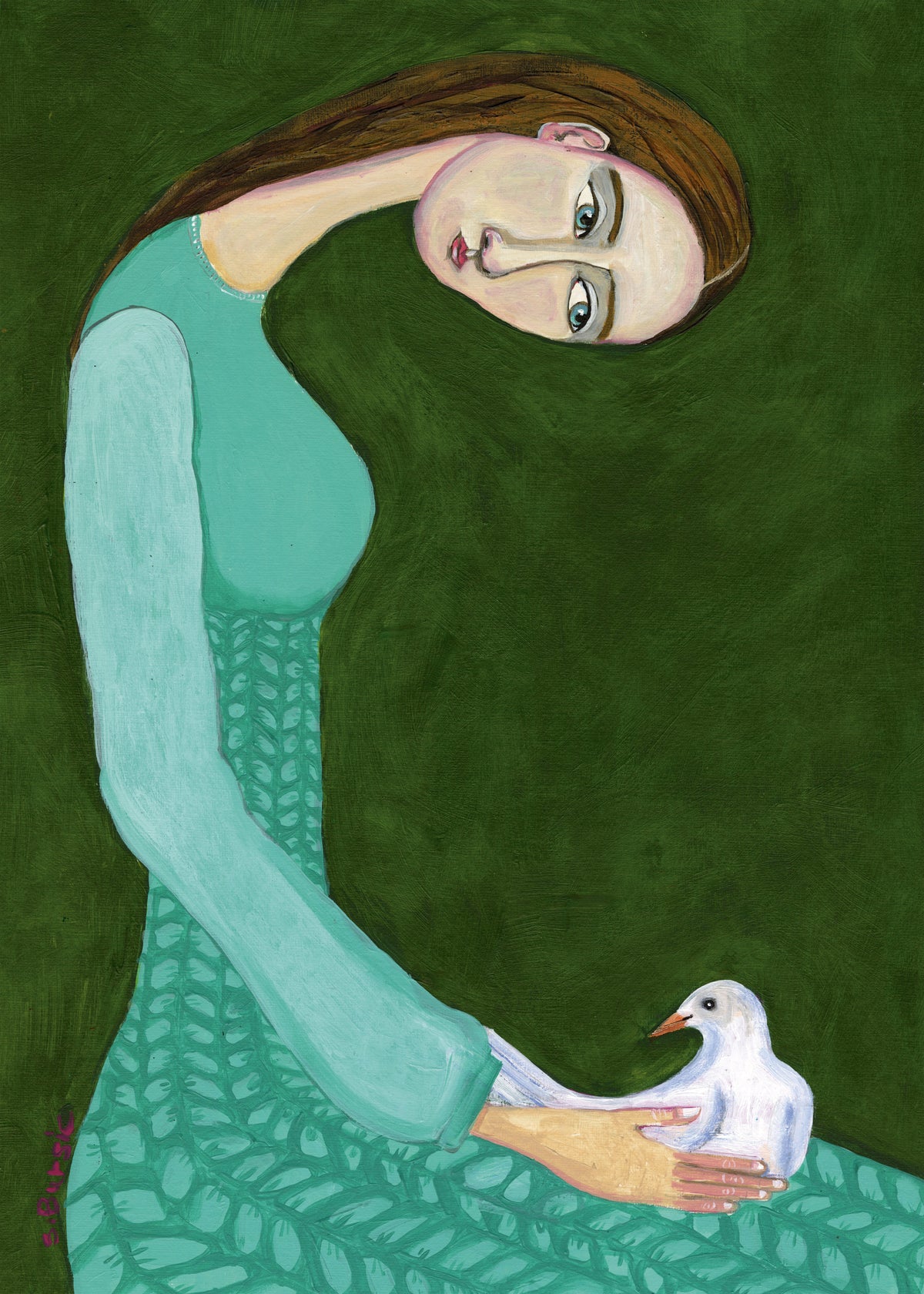Lady sitting with white dove bird woman - Unframed art print