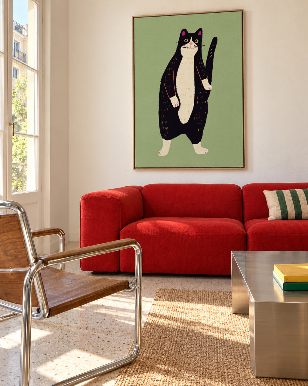 Black and white cat 02 - Framed canvas in an interior