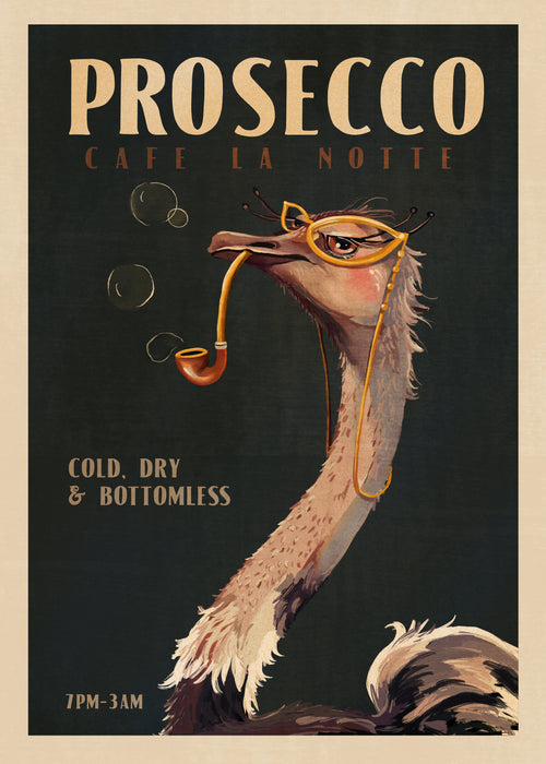 Cute Art Deco Prosecco Poster Of An Ostrich - Unframed art print