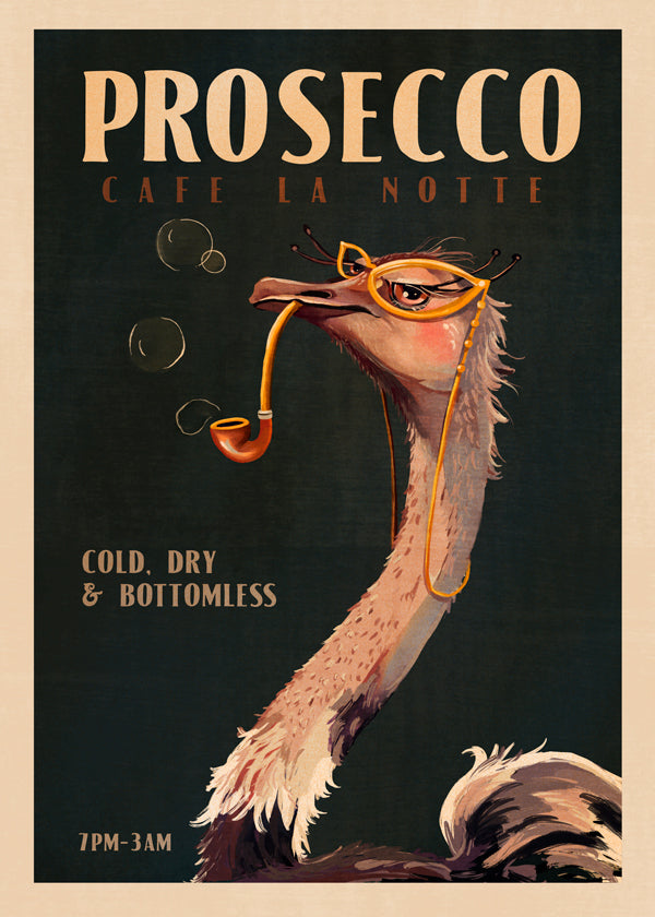 Cute Art Deco Prosecco Poster Of An Ostrich - The Whiskey Ginger