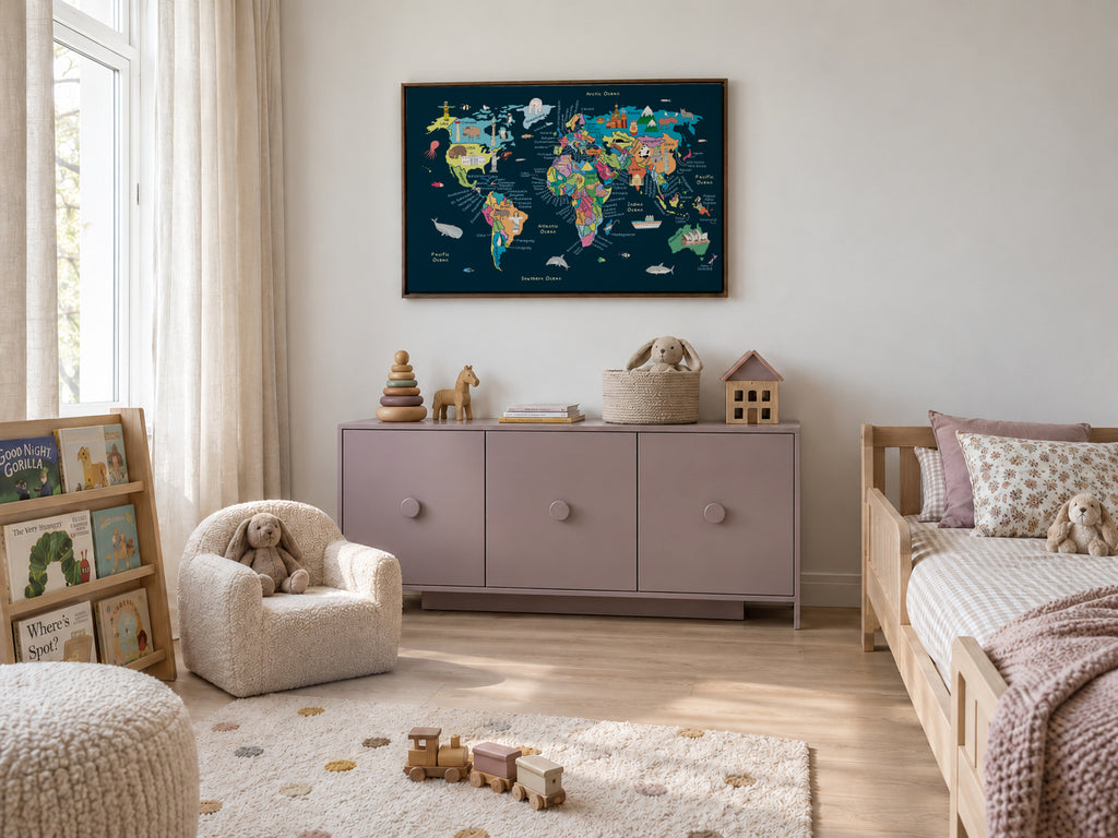Educational Illustrated Map of the World for Kids - Framed canvas in an interior