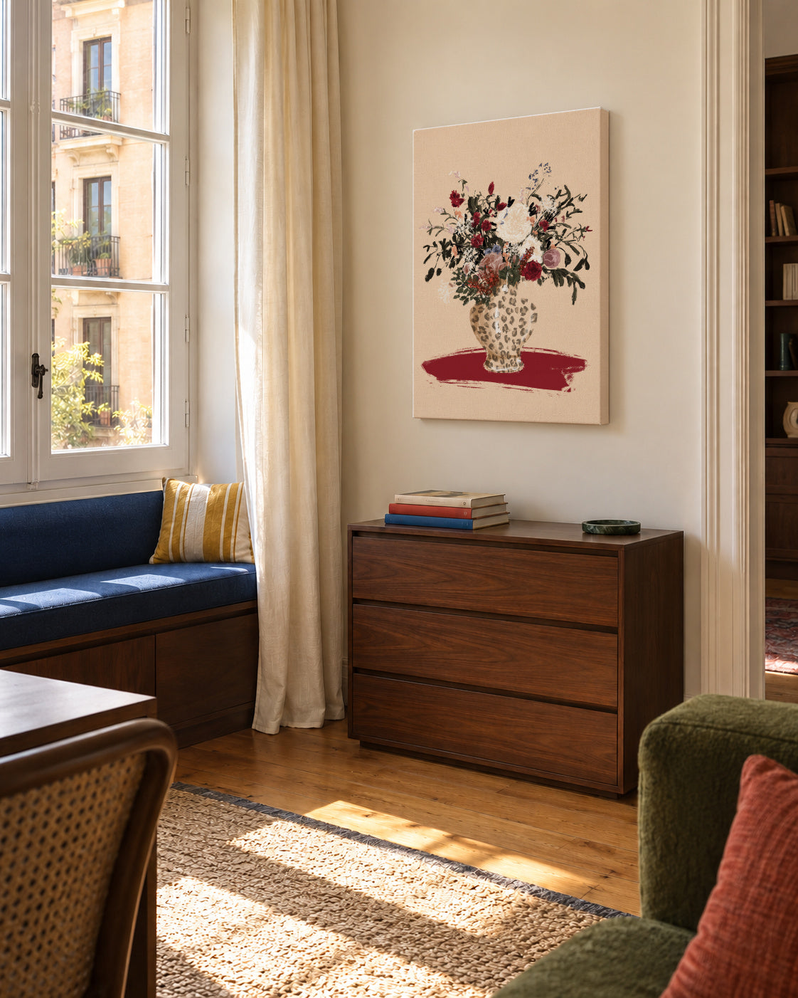 Flowers in a leopard vase - Unframed canvas in an interior