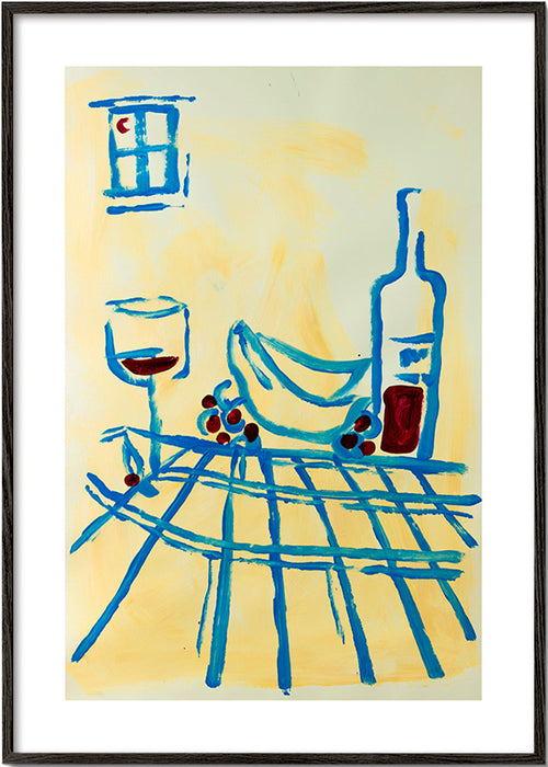 Cuadro de cocina con bodegón azul y plátanos – Black Frame