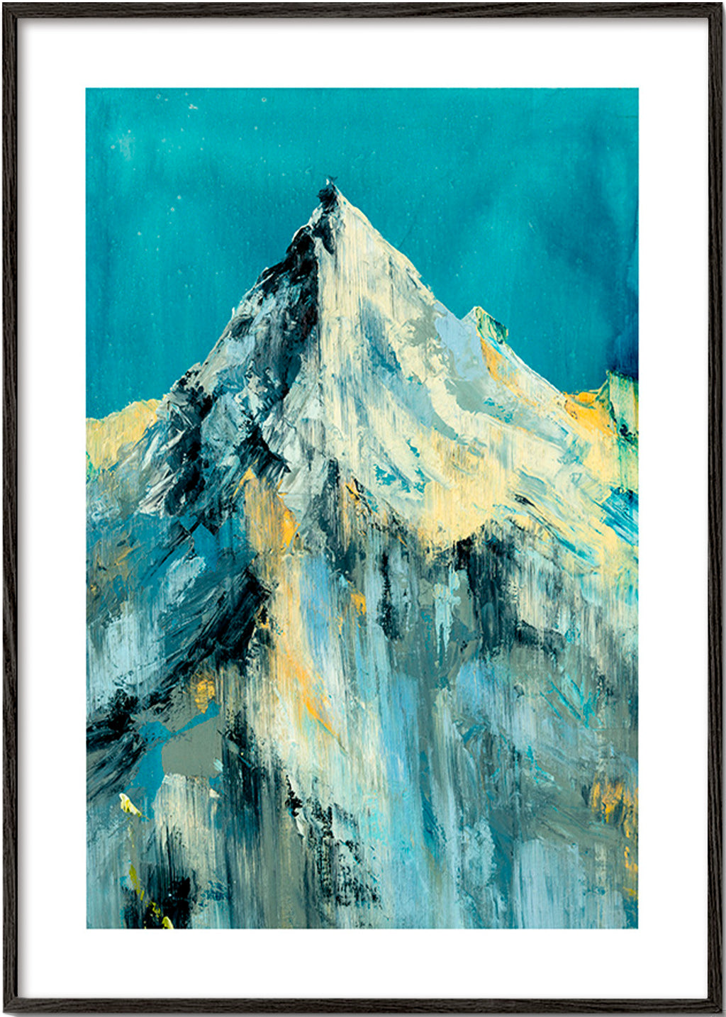 Cuadro de paisaje con pico nevado y lavados turquesa – Black Frame