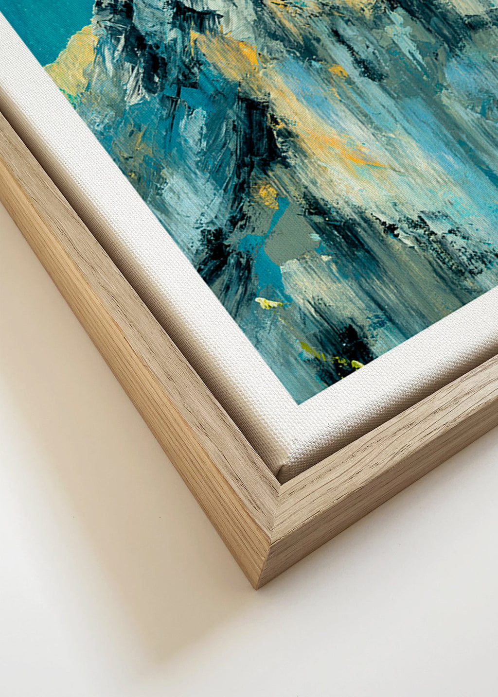 Cuadro de paisaje con pico nevado y lavados turquesa – Canvas detail