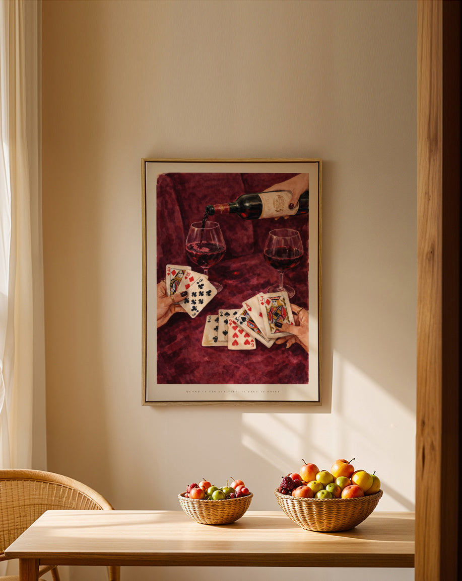 Cards & Cabernet - Framed canvas in an interior
