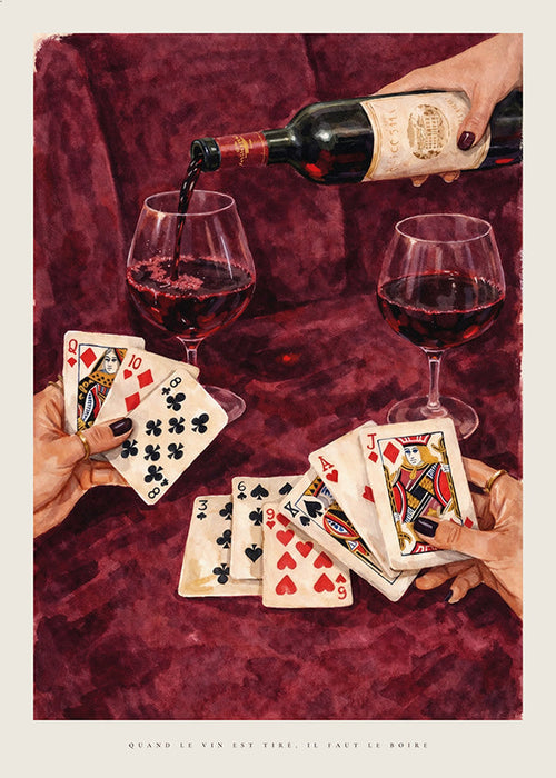 Küchenkunst mit Spielkarten und Rotwein