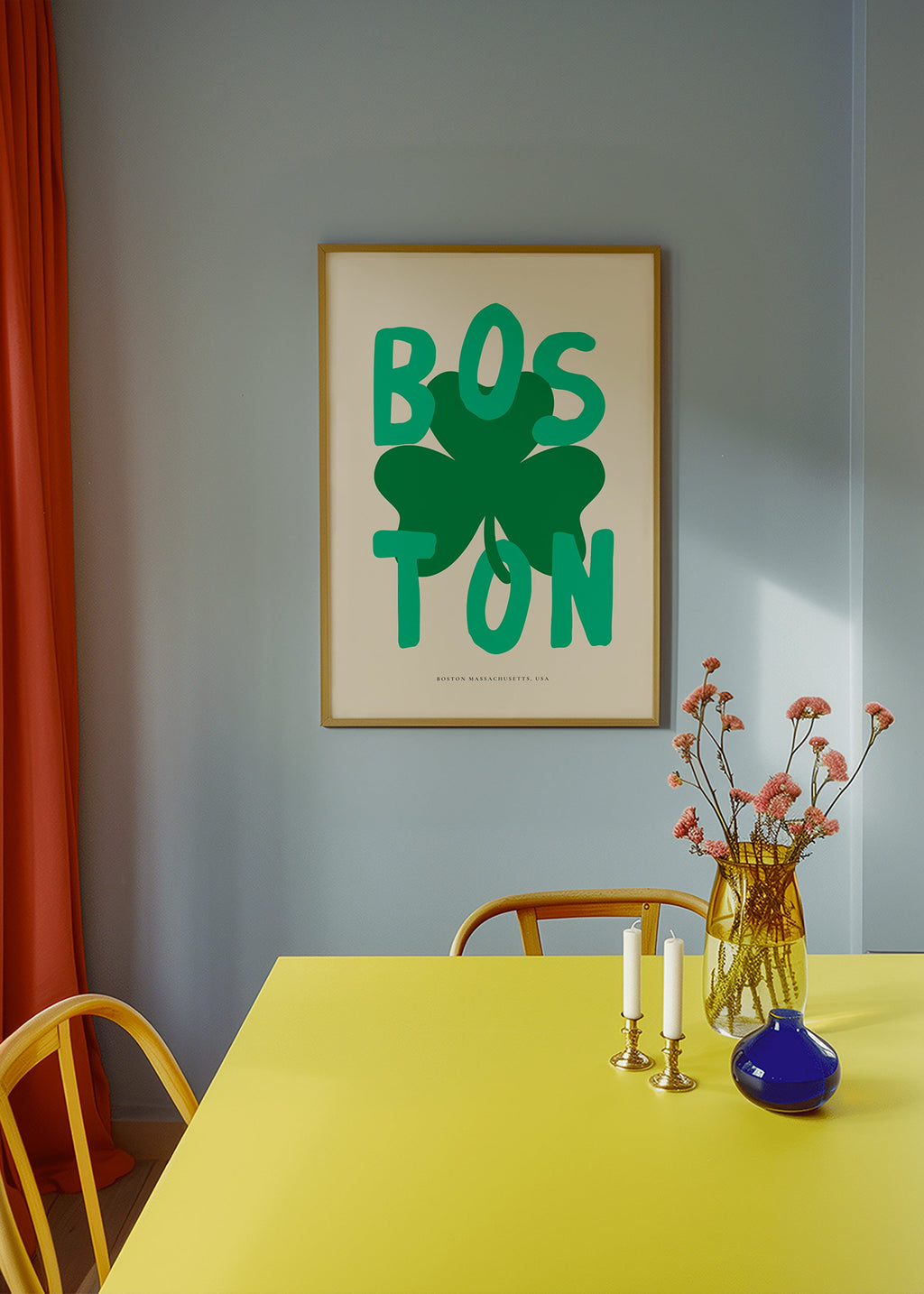 Reiseposter Boston mit Kleeblatt-Grafik