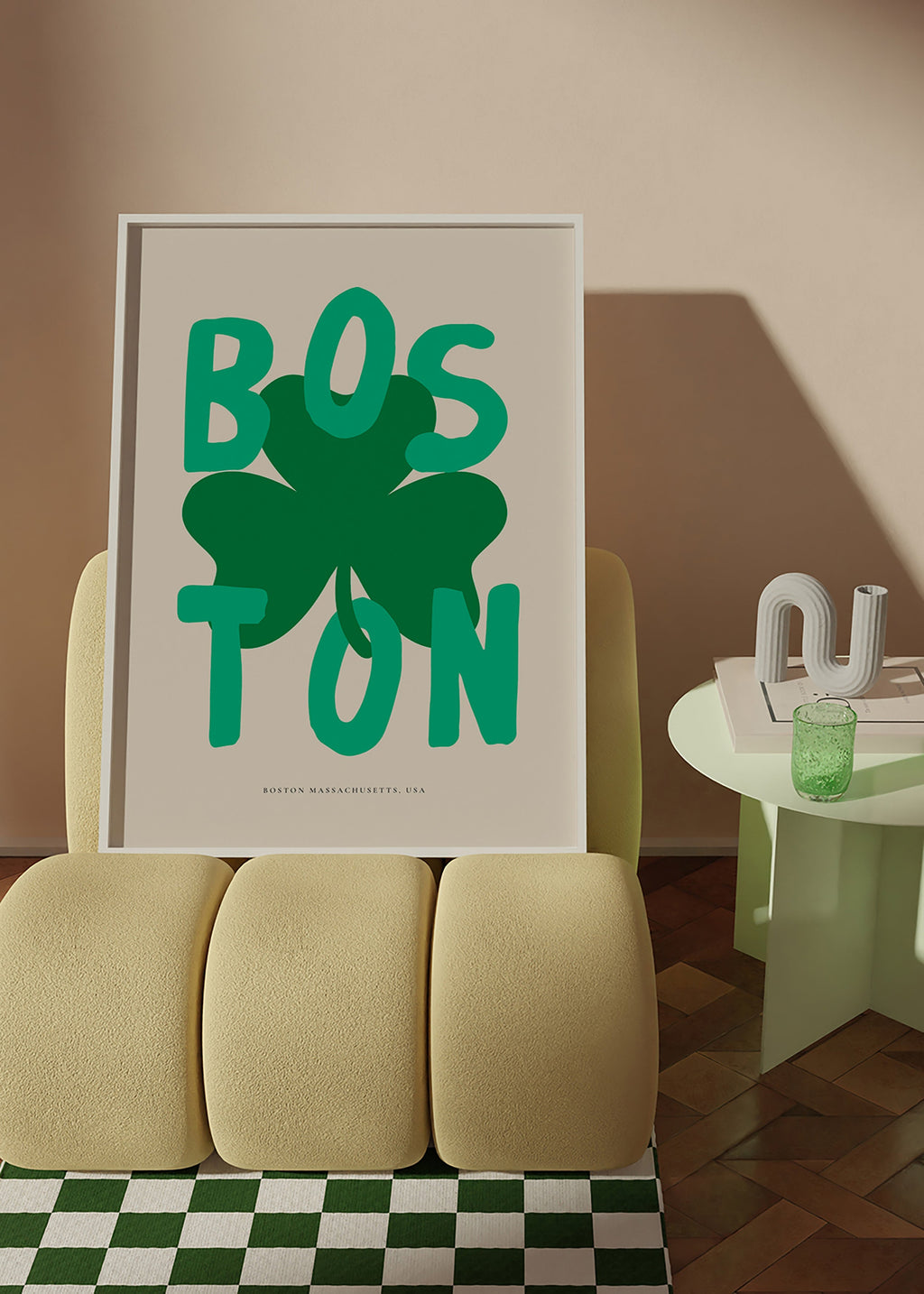 Reiseposter Boston mit Kleeblatt-Grafik