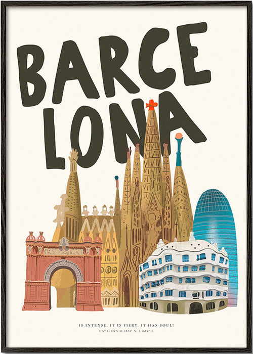 Stadtbild Barcelona illustriert mit Typografie
