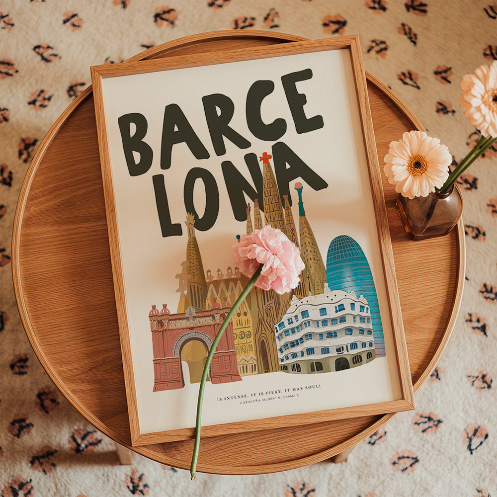 Stadtbild Barcelona illustriert mit Typografie