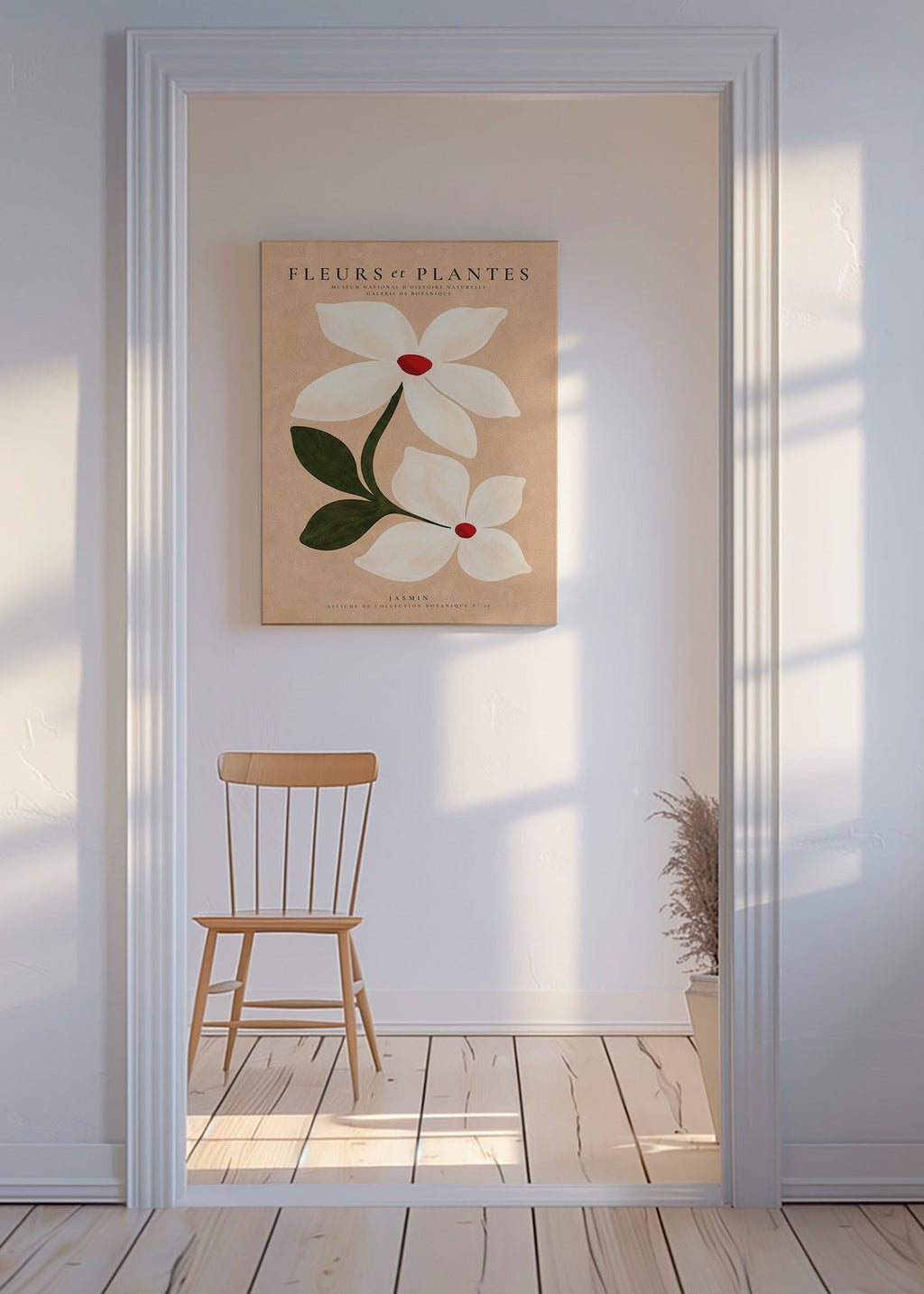 Botanischer Druck Jasmin vor beigem Hintergrund
