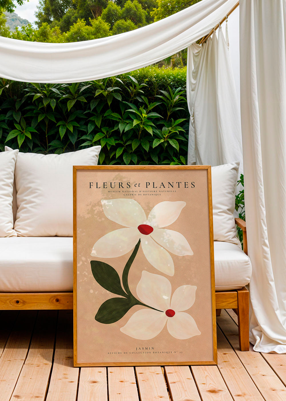 Botanischer Druck Jasmin vor beigem Hintergrund