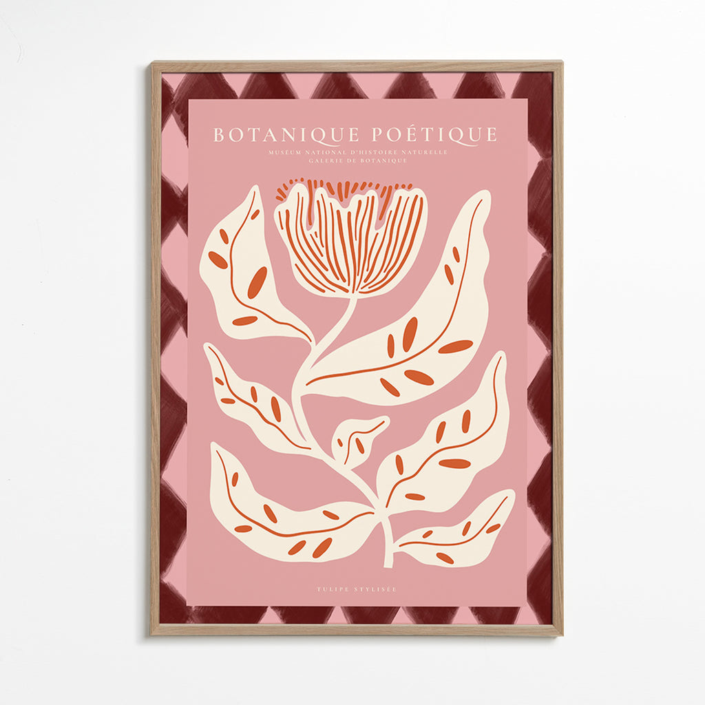 Botanischer Druck mit stilisierter rosa Blume