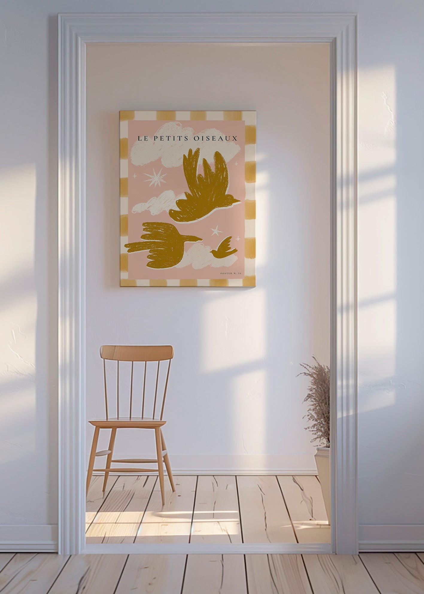 Goldene Vögel vor rosa Hintergrund