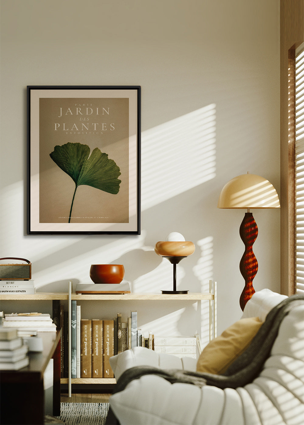 Botanischer Druck mit Ginkgo-Blatt und klassischer Typografie
