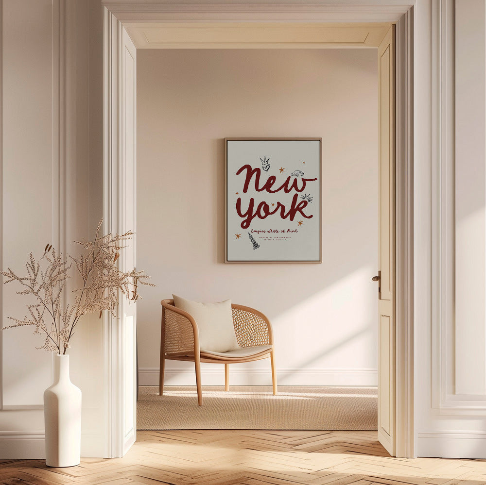Reiseposter New York mit bordeauxfarbener Schrift
