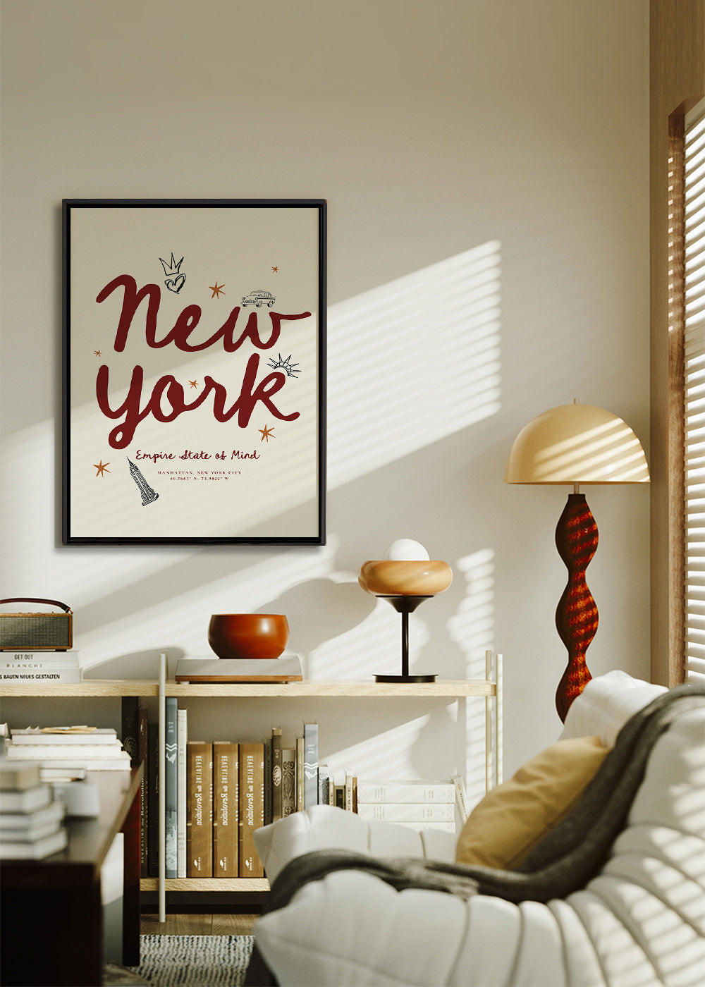 Reiseposter New York mit bordeauxfarbener Schrift