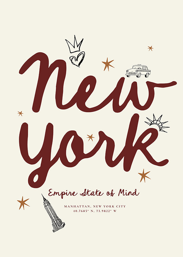 Reiseposter New York mit bordeauxfarbener Schrift