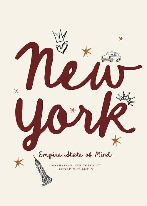 Reiseposter New York mit bordeauxfarbener Schrift