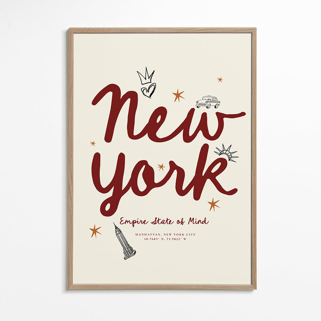 Reiseposter New York mit bordeauxfarbener Schrift